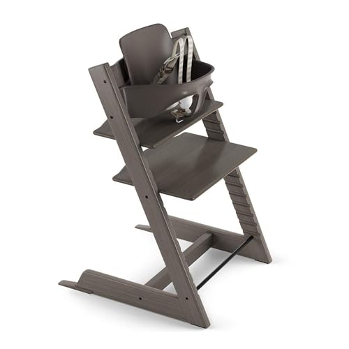 Image of Tripp Trapp by Stokke Adjustable Wooden Hazy Grey Baby High Chair (Includes Baby Seat with Harness) | Includes Chair, Baby Set, Removable Harness for Children 6-36 Months, Adjustable, Ergonomic & Easy to Clean, Baby Essentials
