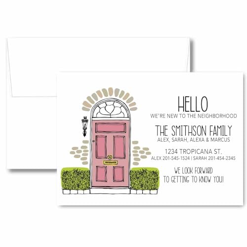 Hello We're New to the Neighborhood Cards with a Front Door, New Neighbor Contact Announcement Card with Envelopes, New Neighbor Family Introduction Card, Door Personalized Neighbor Hello Stationery