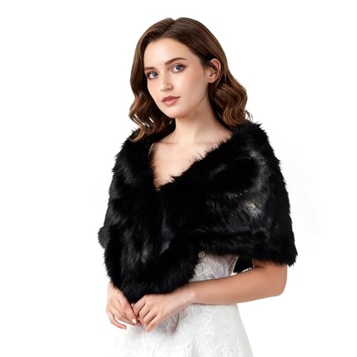 Image of powerking Long Women's Faux Fur Collar Scarf Wrap, Cold Winter Neck Warmer Collar Stole Scarf Shawl Shrug for Party, Black