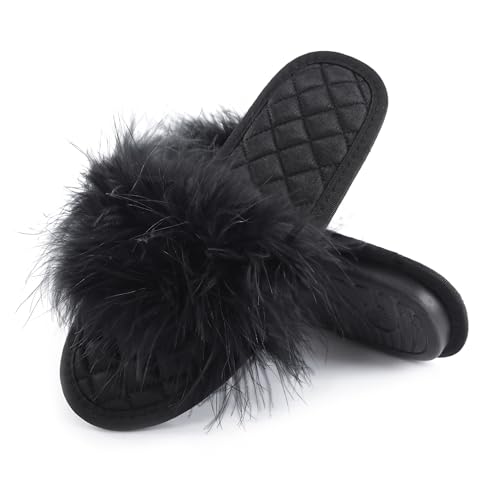 Image of Fur Story Women's Furry Slippers Open Toe Fuzzy Slippers Memory Foam Fluffy House Sandal
