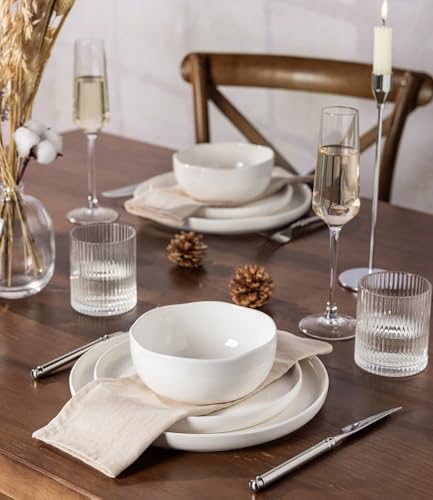Image of TheTerra Ceramic Dinnerware Sets for 4, 12 Pieces Handmade Reactive Glaze Plates and Bowls Set, Scratch Resistant Dish Set, Oven & Microwave & Dishwasher Safe, White Speckled