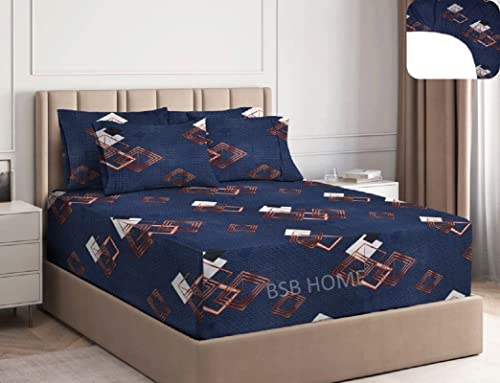 Image of BSB HOME Cotton Feel Glace Cotton Elastic Fitted Printed King Size Double Bed Bedsheet with 2 Pillow Cover(78 inchx72 inch+10 inch, Black & White)