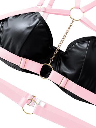 Image of Lilosy Sexy Pu Leather Strappy Underwire Garter Belt Lingerie Set