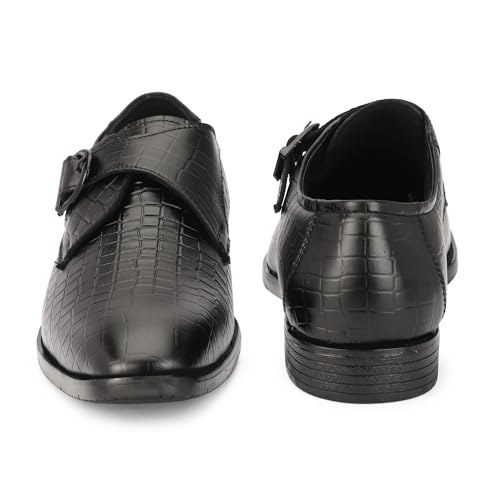 Image of Leatherful Single Monk Strap Shoe, Genuine Leather, Black, TPR Sole, Nappa Leather Lining