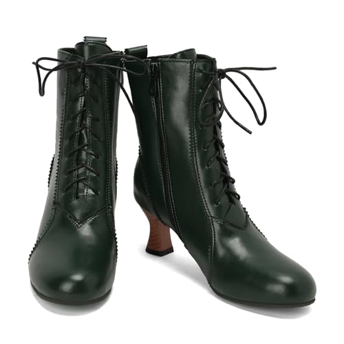 BEAUPAS Women's Victorian Ankle Booties Lace Up Granny Boots Low Heel Vintage Round Toe Ankle Boots Chunky Kitten Heel Goth Witch Boots Zip Shoes3
