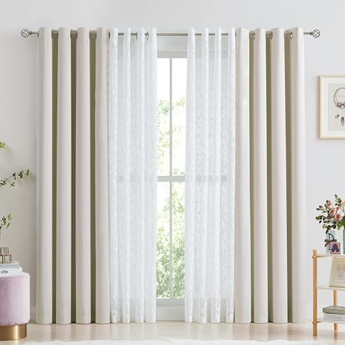 Image of Mix Matched Beige Full Blackout & Sheer Leaf Lace Curtains 52 inchWx63L 4Panels | White Lace Sheer Leaf & Beige Blackout Combo Set, 2 Blackout+2 Sheer Panels, 4-Piece Set, Mix and Match Style Grommet Top