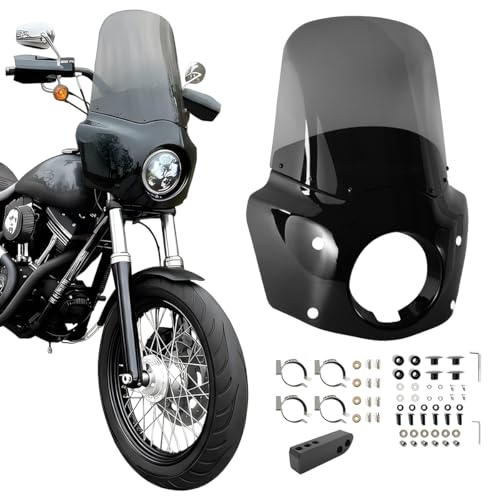 Image of Motorcycle Fairing 5.75 inch Headlight Fairing with 15 inch Motorcycle Windshield 49mm Mounting Hardware for Harley Dyna FXD FXDC Street Bob FXDB Low Rider FXDL FXDLS Super Glide FXDI35(Smoke)
