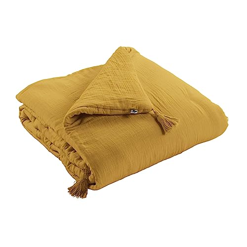 Mylittlebed Edredon Dessus de lit L’Effet Papillon 90x200 cm – Chemin de lit 100% Gaze de Coton avec Finition Pompons [ Dessus de Lits et Couvre-Lits ]...