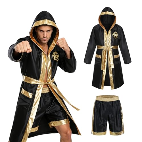 maxToonrain Disfraz de boxeador para hombre, XXL, disfraz de Holloween para adultos, divertido traje de boxeo con capucha y estampado de manchas y pantalones cortos (dorado, talla M)