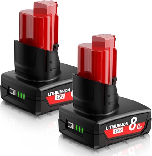 2X 8.0Ah Batterie pour Milwaukee M12, Powtree Batterie de Remplacement pour Milwaukee 12V Li-ION M12B 48-11-2411 48-11-2440 48-11-2402 48-11-2460 Outil Électrique sans Fil avec Indicateur