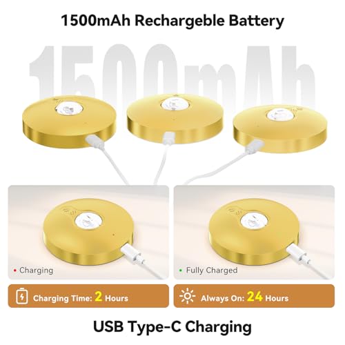 Image of Rechargeable Puck Lights with Remote, 3 Pack Magnetic Under Cabinet Lighting, 1500mAh Battery Operated LED Tap Lights with Dimmer & Timmer for Kitchen, Closet, Shelf - 3 Color Temps & 12 RGB, Gold