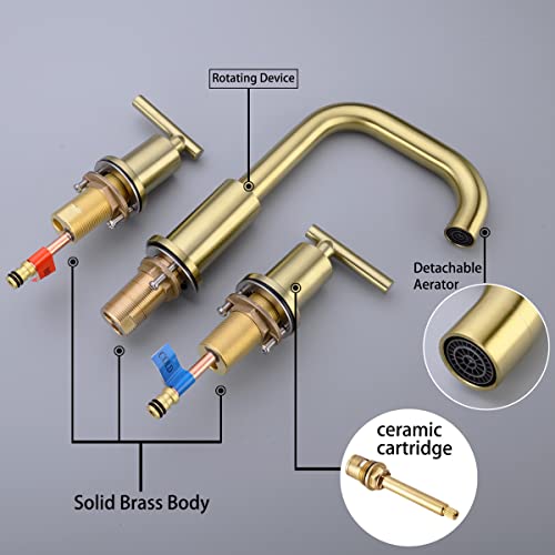 Trustmi Bathroom Faucet 2 Handle 8 Inch Brass Sink Faucet 3 Hole Widespread With 360 Degree Swivel Spout, Cupc Water Supply Lines And Overflow Pop Up Drain Included, Brushed Gold #TOP3