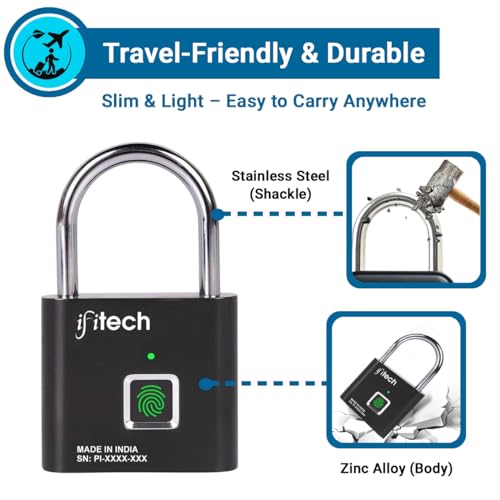 Image of IFITech Smart Fingerprint Padlock, Biometric Keyless Lock with 20 Fingerprint Storage, Rechargeable | Ideal for Personal Spaces and Travel Needs (Small - Black).