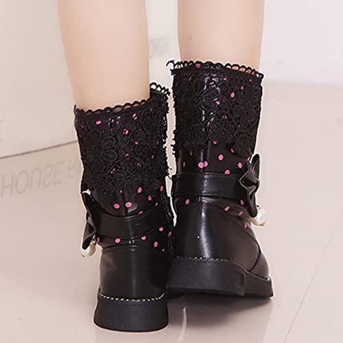 Girl's Mid Calf Boots W𝐚terproof Lace Bowknot Side Zipper F𝐮r Lined Side Zipper Fall Winter Low Heel Chunky Boots (Black, 2 Big Kids)3