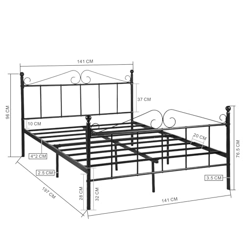 Double Bed Doppelbett Metallbett Bettrahmen Bettgestell für 140x190CM Matratze, Metall Bodenbett Schlafzimmer Bett mit Kopfteil Geeignet für Gästebett Jugendbett Seniorenbetten/Schwarz/Stil A – Bild 4