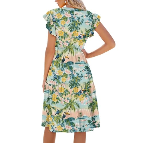 Image of Womens Summer Dress Ruffle Sleeve V Neck Dress Casual Fit Flowy Beach Vacation Sundress with Pocket S-2XL