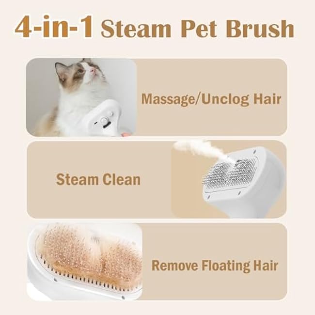 Cat Steam Brush for Shedding, 4-in-1 Pet Steam Brush with Anti-Static Spray, Massage, Cleaning, Shedding, Rechargeable Spritz Defur Comb for Cats and Dogs, One-Click Release Button-IdWFwPhd