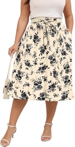 Xpenyo Womens Plus Size Midi Skirts Summer Elastic High Waisted Boho Casual Beach Flowy Swing Knee Length Skirts with Pockets