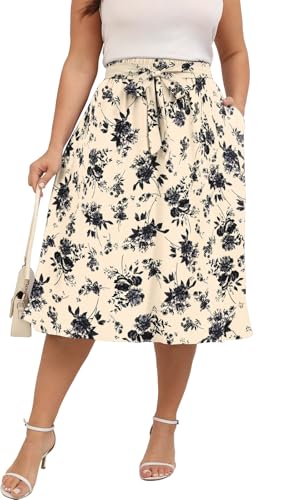 Xpenyo Skirts for Women Plus Size High Waisted A-Line Work Plus Size Swing Skirts with Pockets,White Flower,3XL
