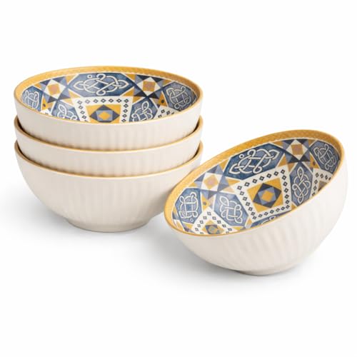 Image of Bohemian Porcelain Bowls Set of 4 | 300 ml Microwave & Dishwasher Safe | Designer Soup, Cereal & Snack Bowls for Daily Use