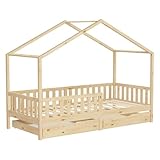 ML-Design Kinderbett Hausbett 90x200 cm Natur mit 2 Schubladen, Holzbett mit Rausfallschutz, Lattenrost und Dach, Spielbett aus Kiefernholz für Kinder, Montessori Bodenbett Bettgestell Bettenhaus Bett