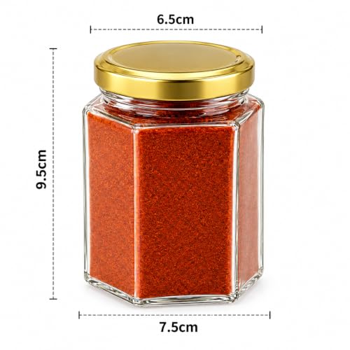 Image of NATURALSPOON Hexagon Glass Jar & Container with Rust Free Air Tight Lid, Suitable for Use in Your Home Office, Kitchen Storage /Glass Jar for Kitchen 250 ml (Gold lid, 6) (6 PCS)