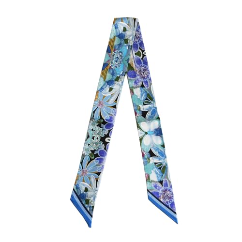 JERLA 100% seta di gelso sciarpa testa capelli nastro borsa maniglia avvolgere cravatta bundle sciarpa fazzoletto sciarpa per le donne, Pittura A Olio Blu, 33.5'×1.97'