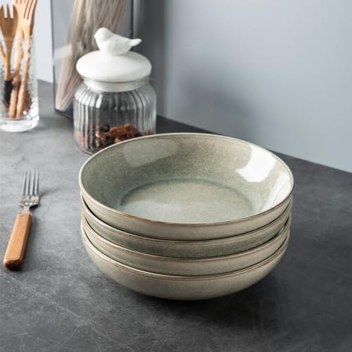 8.5'' Large Pasta Bowls, 36oz Stoneware Pasta Serving Bowls Set of 6 for Kitchen, Wide Bowls for Pasta,Salad,Oatmeal, Microwave Safe, Reactive Glaze