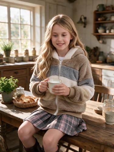 Image of Girls Fleece Jackets Kids Sherpa Fuzzy Zip up Hoodie Fall Winter Contrast color Pullover Sweatshirt 4-12 Years