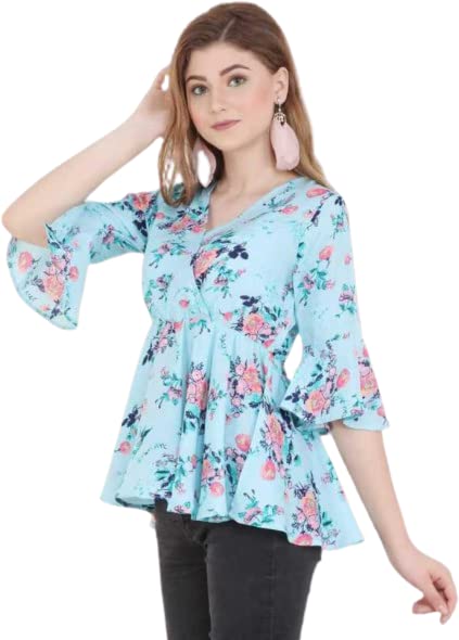 Image of f-apparel Women's Casual Floral Printed Light Blue Top