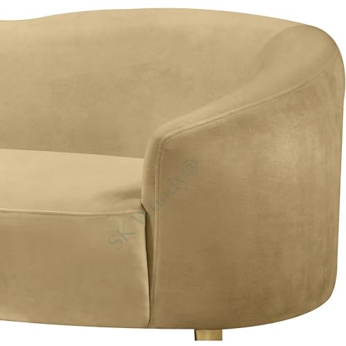 Image of Rosewood Luxury Curved Sofa in Premium Velvet-Fabric | Solid Wood Structure | High Density Foam | Sturdy Golden Legs | Comfortable & Stylish Couch for Modern Living Room (Camel, 2 Seater)