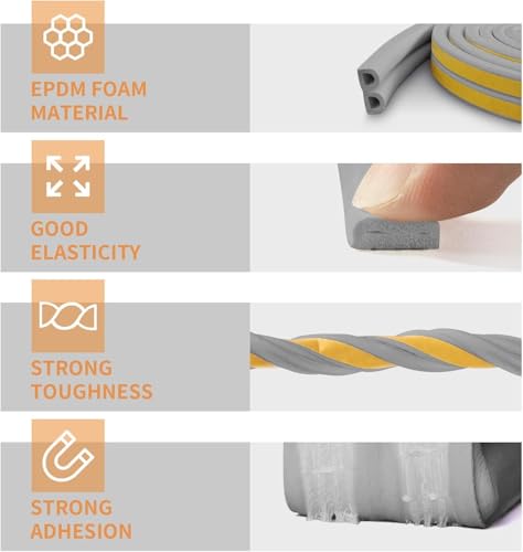 Image of ANOXA Door Seal D-Type Strip Weather Stripping Self Adhesive Foam for Doors and Windows, Soundproofing Weatherstrip Gap Collision Avoidance (Gray)