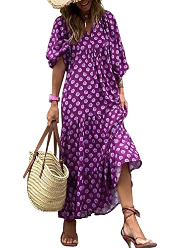 Image of miduo Womens Loose Fit Casual Summer V Neck Half Sleeve Bohemian Geometric Pattern Maxi Long Dresses