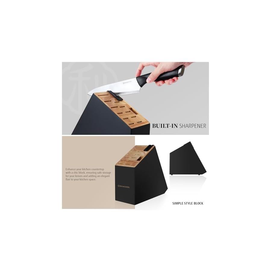 diamosteel Kitchen Knife Set with Block, 13 Pieces Knife Block Set with Built-in Sharpener Scissors for Kitchen, High Carbon Stainless Steel Knife Set (Black)