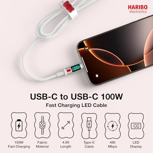 Image of DCHK Haribo 100W PD Fast Charging USB-C Cable (4.9ft, 2Pack), Durable Braided Cord, LED Power Display, Gummy Bear Style, Compatible with iPhone 15 /16, Galaxy, Pixel, iPad