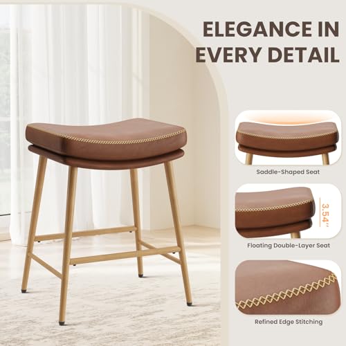 Image of MALOL Bar Stools Set of 5, Counter Height Bar Stools with Thick PU Leather Saddle Seat & Sturdy Metal Frame Legs,Backless Bar Stools for Kitchen Island Dining Cafe,Brown