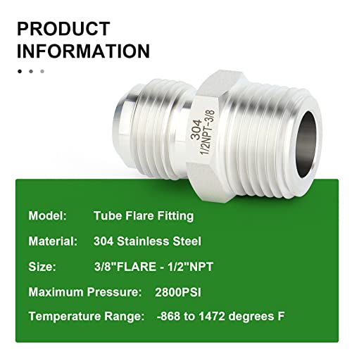 Image of TAISHER 2PCS Forging of 304 Stainless Steel Tube Flare Fittings, 3 /8 inch Male Flare x 1 /2 inch NPT Male, Half Union