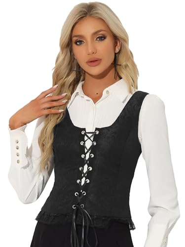 Allegra K Gothic Vest for Women's U Neck Sleeveless Lace Up Jacquard Corset Top