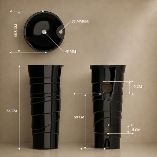 Image of Backline Ceramic Pedestal Wash Basin for Bathroom | Free Standing Pedestal Basin for Bathroom /Office /Living Room /Restaurant | Black Glossy Finish (38.5 X 38.5 X 86 Cm)(7 Years Glaze Warranty)