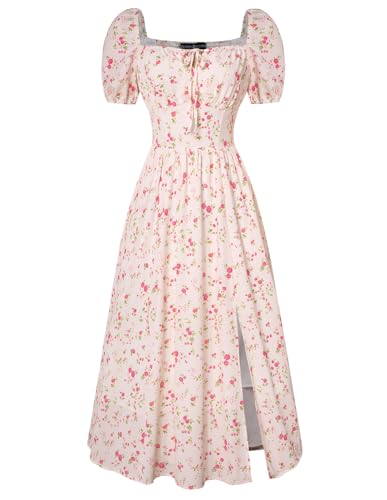 Image of Scarlet Darkness Women's Floral Corset Dress with Split 2026 Summer Spring Square Neck Midi Milkmaid Dresses Beige Red Floral S