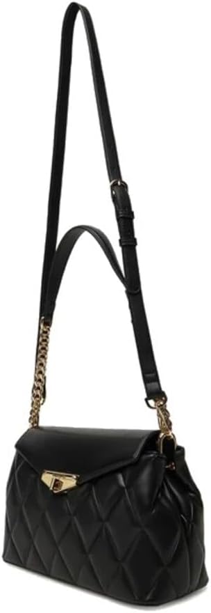 VALENTINO Padded Handbag with Gold Chain, Black Leather, Rhombus Design, Shoulder Strap
