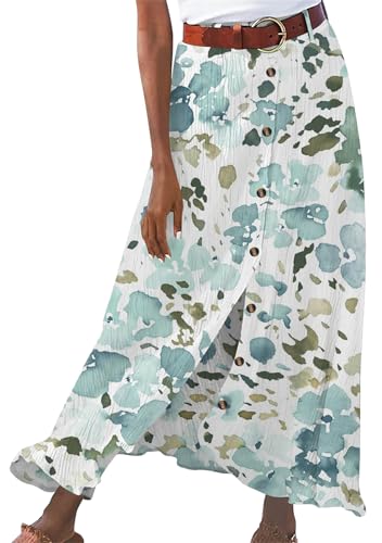 FLITAY Womens Vacation High Waist Skirts Button Front Casual Maxi Skirt Cotton Linen Soft Skirt
