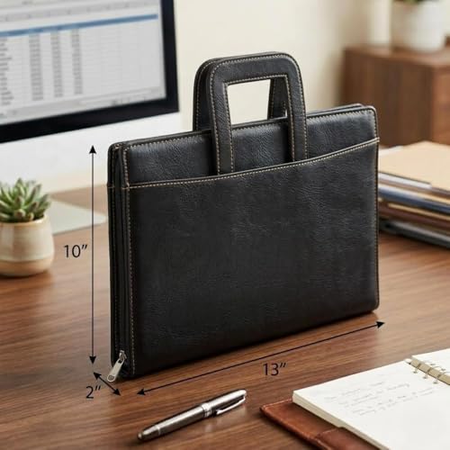 Image of STREPE ZK Black Leather File Organizer Bag with Handle, Zipper Portfolio Folder for Documents, Certificates, Cards & Tablet, Office Business Travel Case for Men & Women