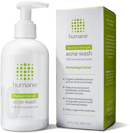 humane Maximum-Strength Acne Wash - 10% Benzoyl Peroxide Acne Treatment for Face, Skin, Butt, Back and Body - 8 Fl Oz - Dermatologist-Tested Non-Foaming Cleanser - Vegan, Cruelty-Free