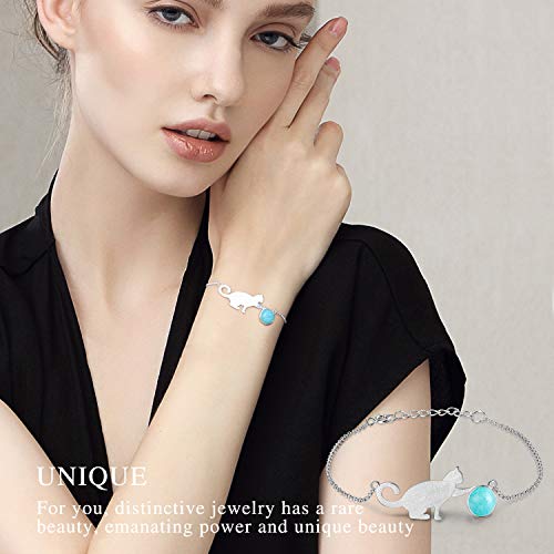 ♥Christmas Gifts♥925 Sterling Silver Bracelet with Amazonite Cat Playing Balls Adjustable Kitten Bracelets with Chain length 6.5''-7.6'', Handmade Unique Jewelry Gift for Little Girls Teen Girls Women4