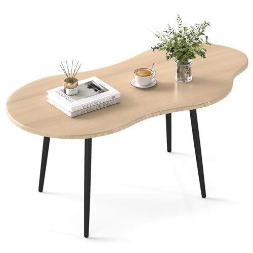 COSTWAY Table Basse Bois Scandinave, Pieds en Métal Robuste, Table de Salon Nuage, Grain de Bois, Moderne pour Canapé, Salon, Chambre, Bureau