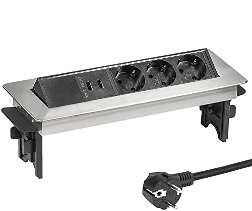 Elbe Inno® Versenkbare Tischsteckdose für Die Arbeitsplatte (3 Steckdosen & 2 USB), Mehrfachsteckdose mit Halbautomatischer Deckel für Büro, Einbausteckdose aus Aluminium in Schwarz-Grau Optik