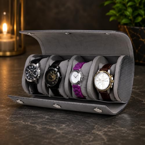 Image of faux Leather 4 Slot Watch Keeping Box for Men Women Watch Organizer Round Case Watch Holder Pouch for Travel with Lock and Cushion in Grey colour