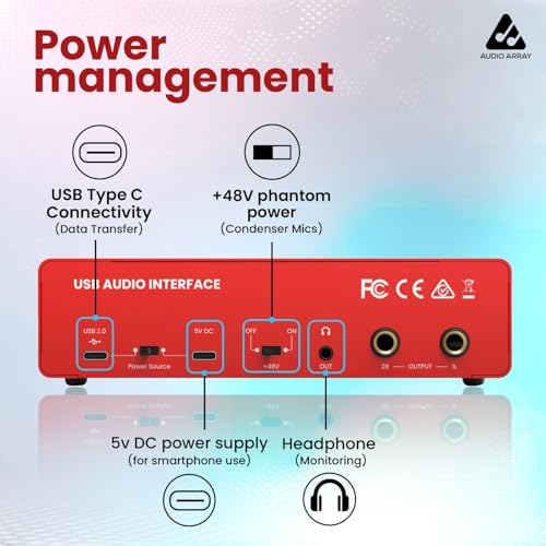 Image of Audio Array AI-04 HD 2x2 Gen 3 Audio Interface | Premium Mic Pre-Amps | 48V Phantom Power | 24bit /192kHz Hi-Fi Recording | XLR /MIC /LINE inputs | Plug & Play-No Drivers | 2 in 3 out | Metal Body | Red