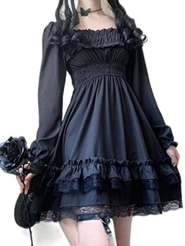 SHANHE Lolita Gothic Black Corset Dress Mujer Vintage Lace Patchwork Fruncido Estética Cintura Alta Vestido Punk Party A-Line Dress-Black,L